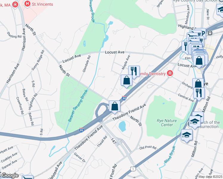 map of restaurants, bars, coffee shops, grocery stores, and more near 119A Maple Avenue in Rye