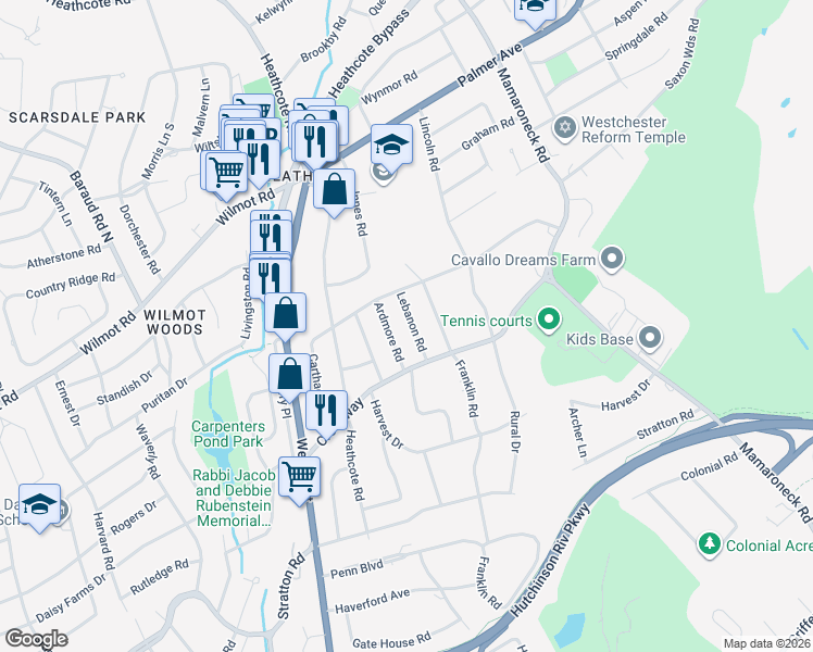 map of restaurants, bars, coffee shops, grocery stores, and more near 10 Lebanon Road in Scarsdale