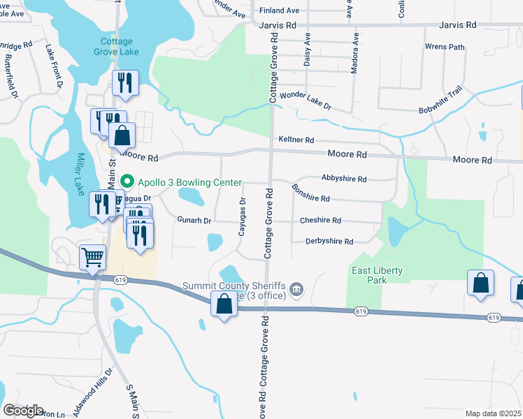 map of restaurants, bars, coffee shops, grocery stores, and more near 3740-3742 Cottage Grove Road in Akron