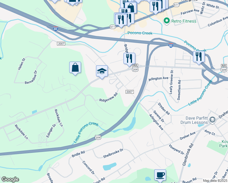 map of restaurants, bars, coffee shops, grocery stores, and more near 139 Ridgeview Road in Stroudsburg