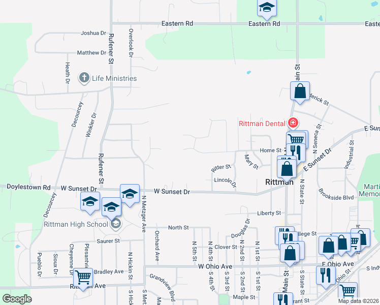 map of restaurants, bars, coffee shops, grocery stores, and more near 202 Home Street in Rittman