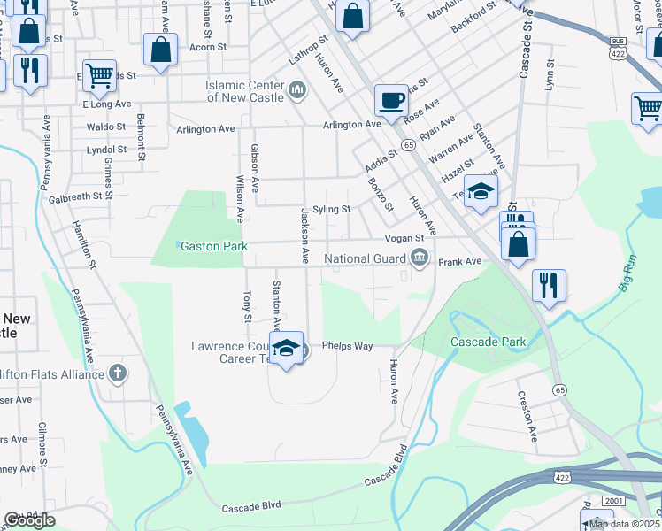 map of restaurants, bars, coffee shops, grocery stores, and more near 820 Frank Avenue in New Castle