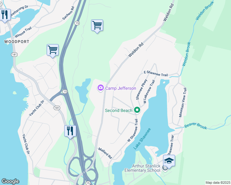 map of restaurants, bars, coffee shops, grocery stores, and more near 36 Highview Trail in Wharton