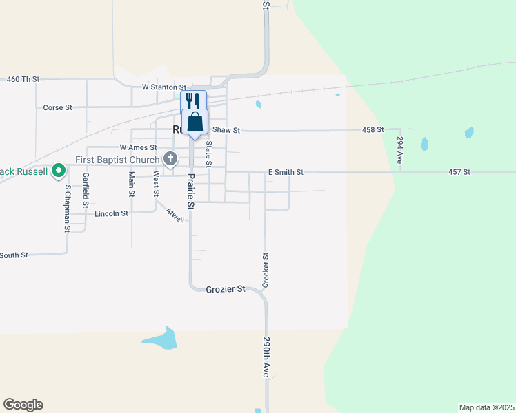 map of restaurants, bars, coffee shops, grocery stores, and more near 502 Washington Street in Russell