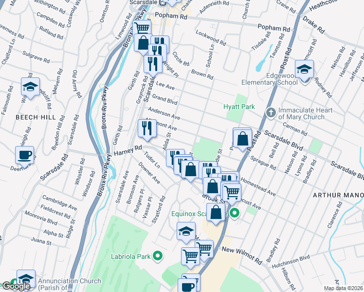 map of restaurants, bars, coffee shops, grocery stores, and more near 88 Lakeview Avenue in Scarsdale