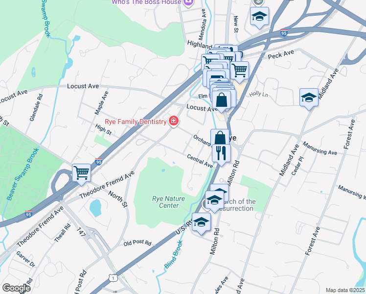 map of restaurants, bars, coffee shops, grocery stores, and more near 26 Chestnut Street in Rye