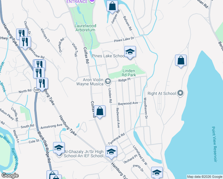 map of restaurants, bars, coffee shops, grocery stores, and more near 216 Linden Road in Wayne