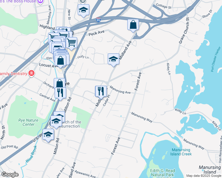 map of restaurants, bars, coffee shops, grocery stores, and more near 20 Manursing Avenue in Rye