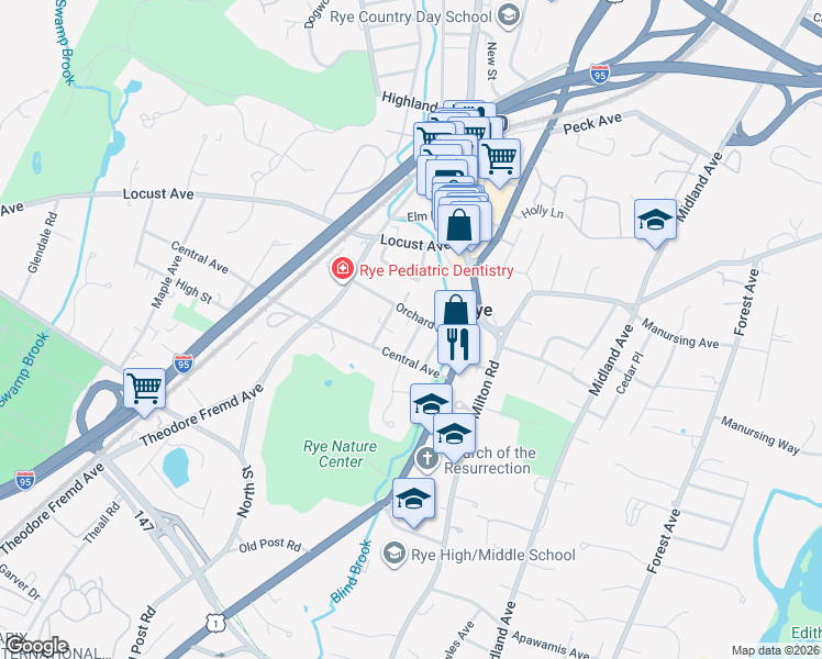 map of restaurants, bars, coffee shops, grocery stores, and more near 1 Walnut Street in Rye