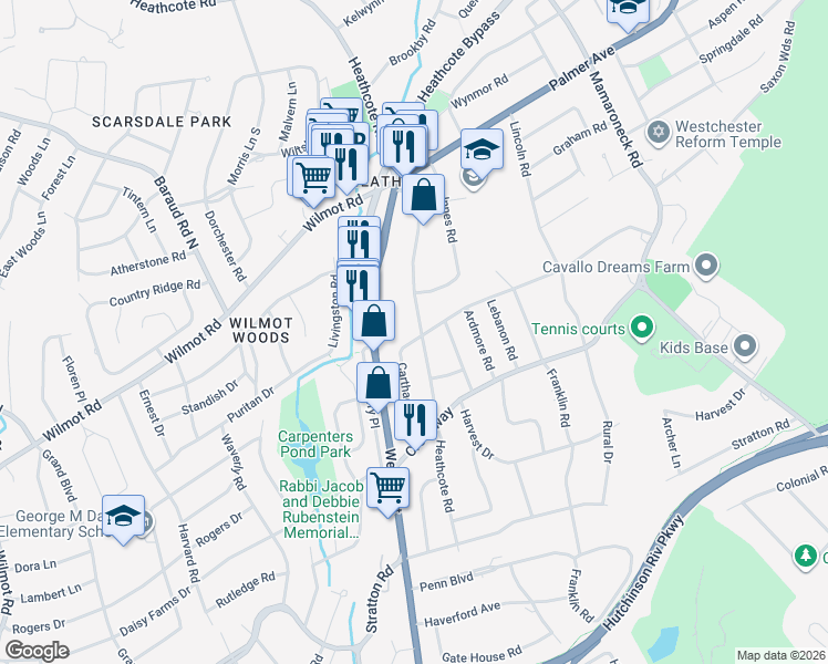 map of restaurants, bars, coffee shops, grocery stores, and more near 328 Heathcote Road in Scarsdale