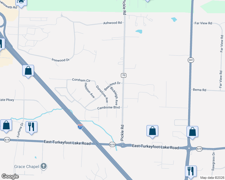 map of restaurants, bars, coffee shops, grocery stores, and more near 3016 Bickleigh Avenue in Akron