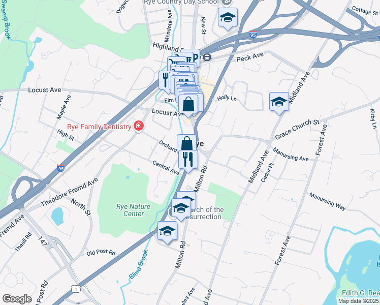 map of restaurants, bars, coffee shops, grocery stores, and more near 1019 Boston Post Road in Rye