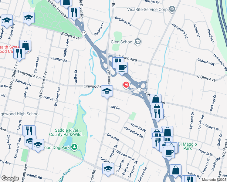 map of restaurants, bars, coffee shops, grocery stores, and more near 48 Linwood Avenue in Paramus