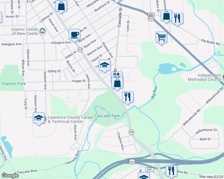 map of restaurants, bars, coffee shops, grocery stores, and more near 1825 East Washington Street in New Castle