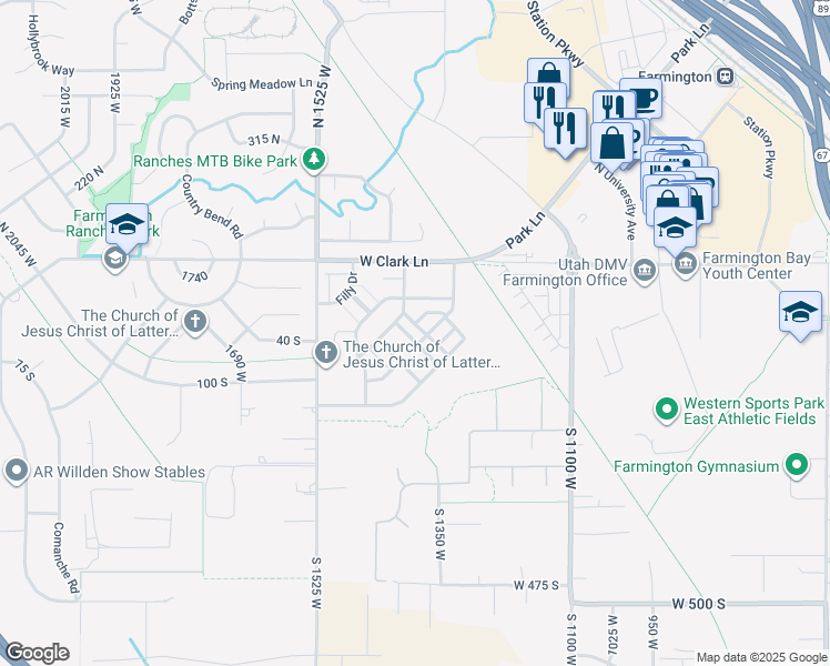 map of restaurants, bars, coffee shops, grocery stores, and more near 1388 W North Paddock Drive South in Farmington