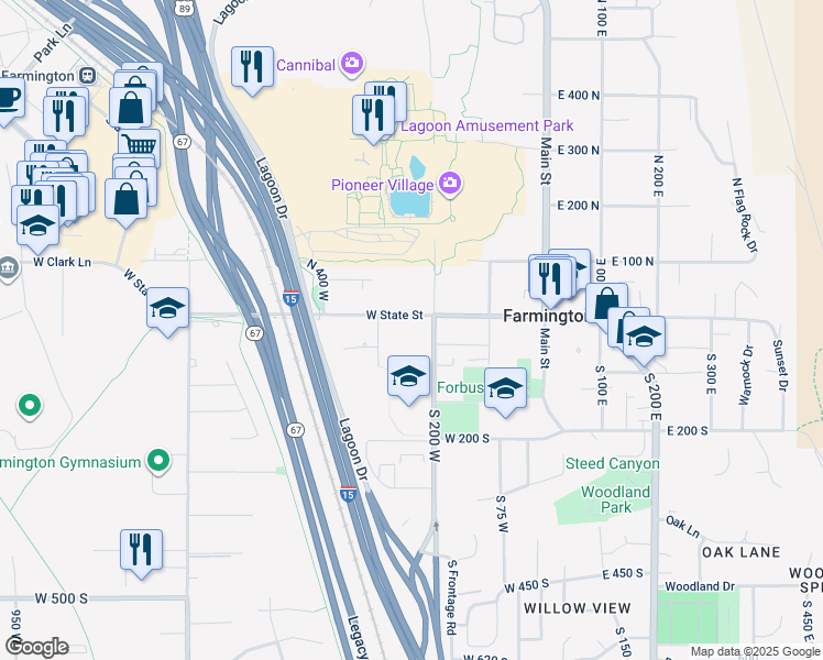 map of restaurants, bars, coffee shops, grocery stores, and more near 36 South 200 West in Farmington