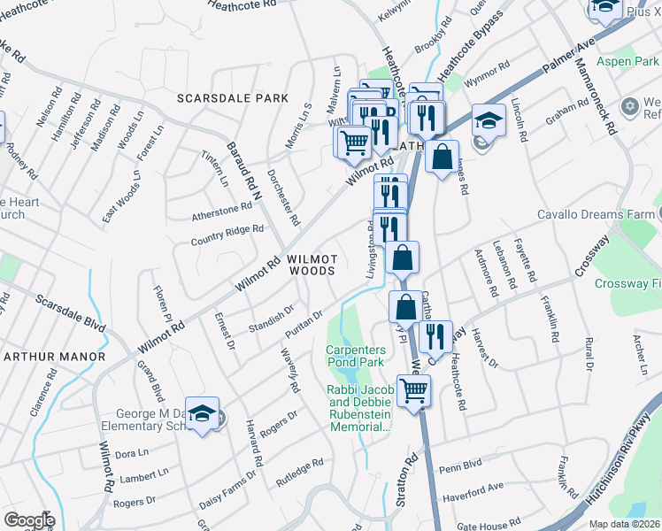 map of restaurants, bars, coffee shops, grocery stores, and more near 35 Alden Court in Scarsdale