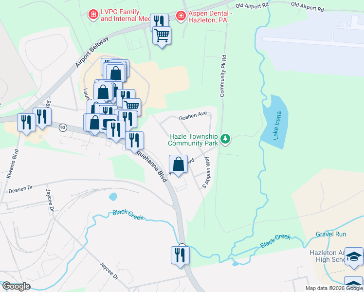 map of restaurants, bars, coffee shops, grocery stores, and more near 113 N Providence Rd in Luzerne