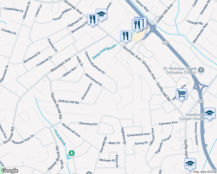 map of restaurants, bars, coffee shops, grocery stores, and more near 292 Merrywood Dr in Wyckoff