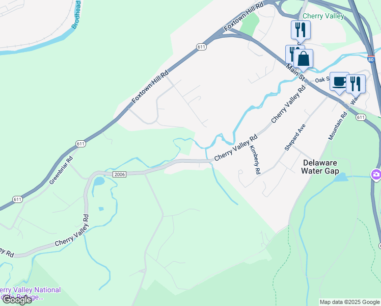 map of restaurants, bars, coffee shops, grocery stores, and more near 7599 Cherry Valley Road in Stroudsburg