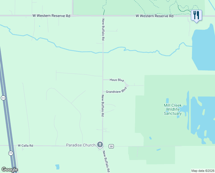 map of restaurants, bars, coffee shops, grocery stores, and more near 9537 New Buffalo Road in Canfield
