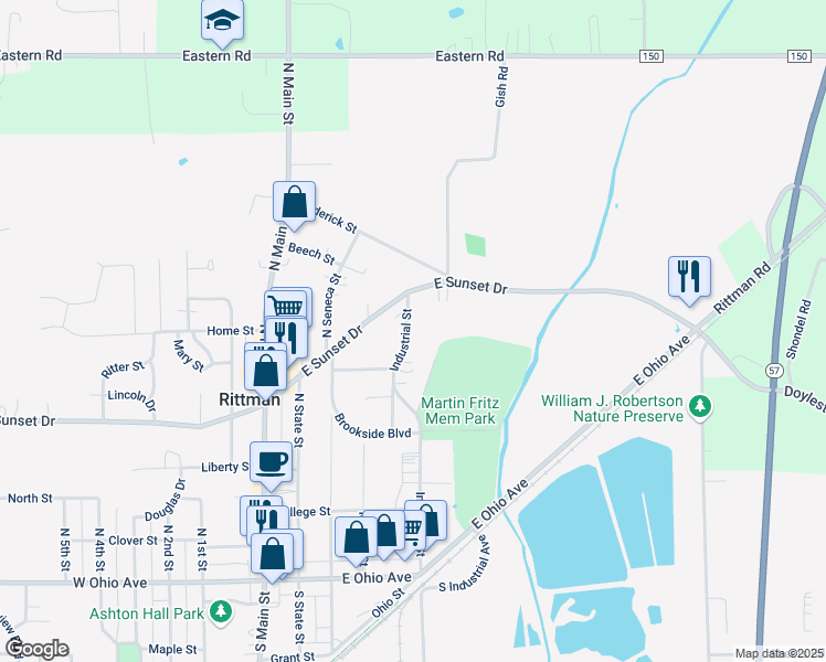 map of restaurants, bars, coffee shops, grocery stores, and more near 266 Industrial Street in Rittman