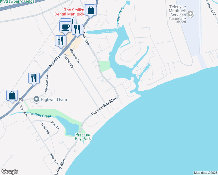 map of restaurants, bars, coffee shops, grocery stores, and more near 2490 Bay Avenue in Mattituck