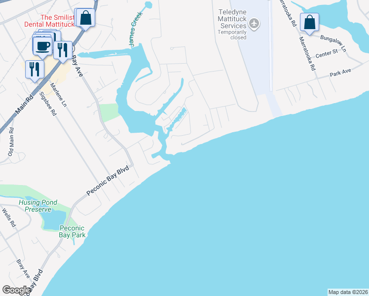 map of restaurants, bars, coffee shops, grocery stores, and more near 4415 Reeve Avenue in Mattituck