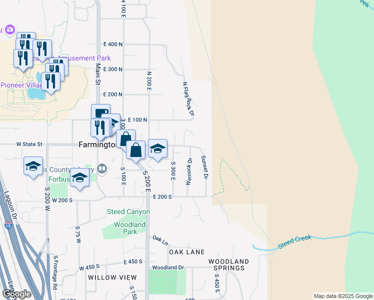 map of restaurants, bars, coffee shops, grocery stores, and more near 342 East State Street in Farmington