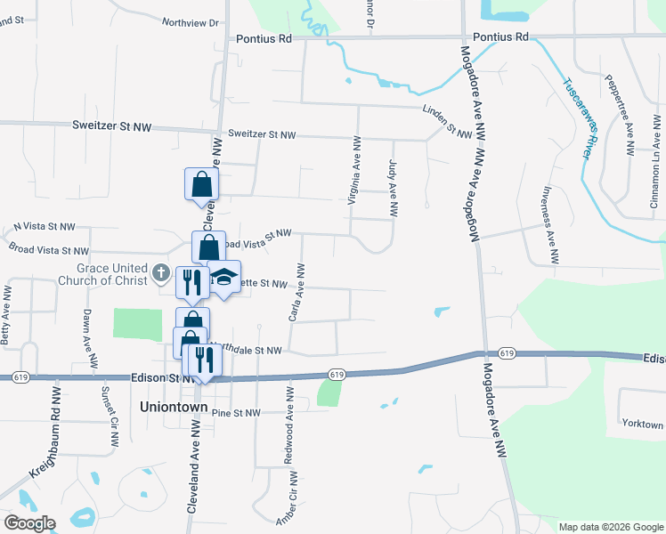 map of restaurants, bars, coffee shops, grocery stores, and more near 13286 Gregor Circle Northwest in Uniontown