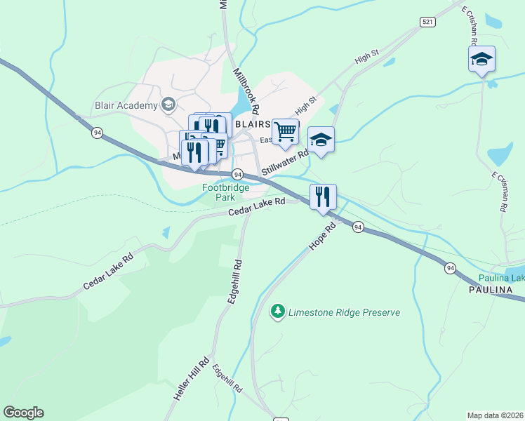 map of restaurants, bars, coffee shops, grocery stores, and more near 5 Cedar Lake Road in Blairstown