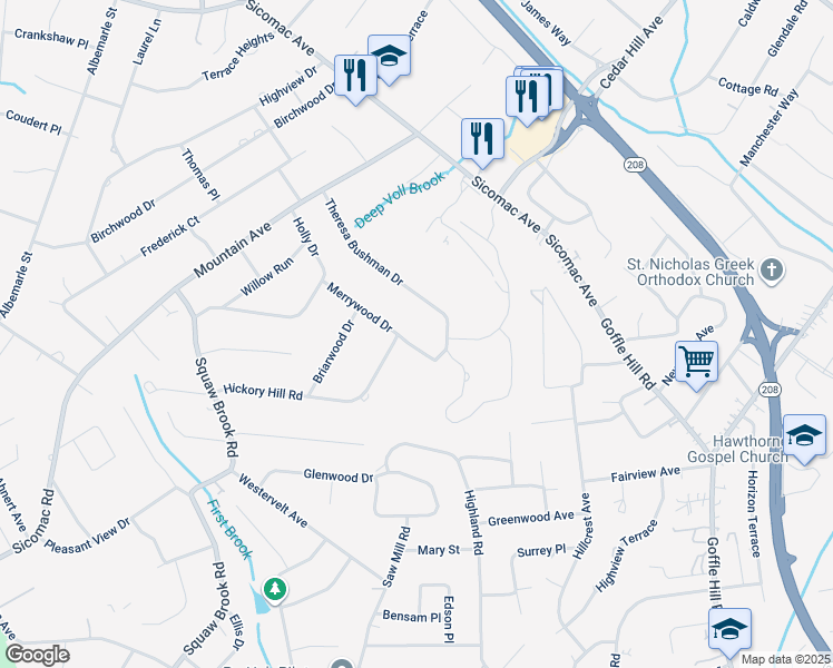 map of restaurants, bars, coffee shops, grocery stores, and more near 292 Merrywood Drive in Wyckoff