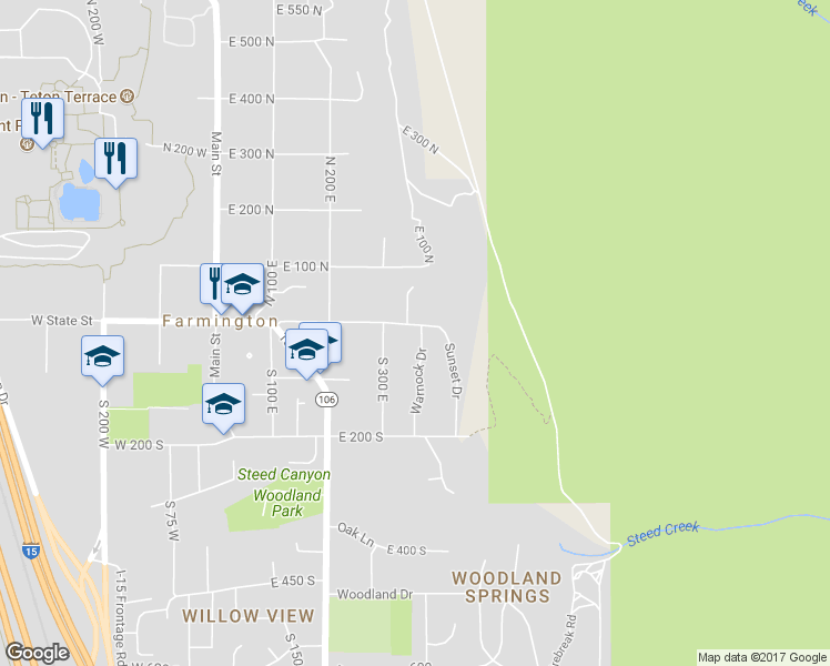 map of restaurants, bars, coffee shops, grocery stores, and more near 342 East State Street in Farmington