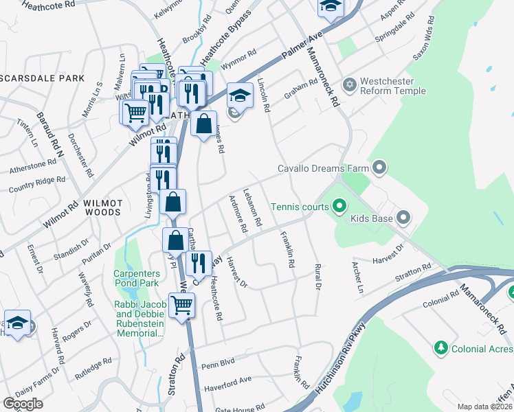 map of restaurants, bars, coffee shops, grocery stores, and more near 10 Lebanon Road in Scarsdale