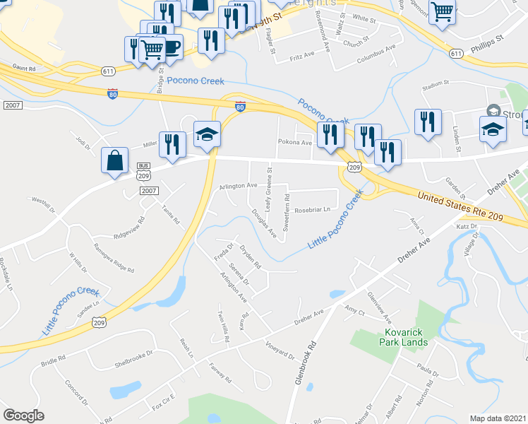 map of restaurants, bars, coffee shops, grocery stores, and more near 141 Leafy Greene Street in Stroudsburg