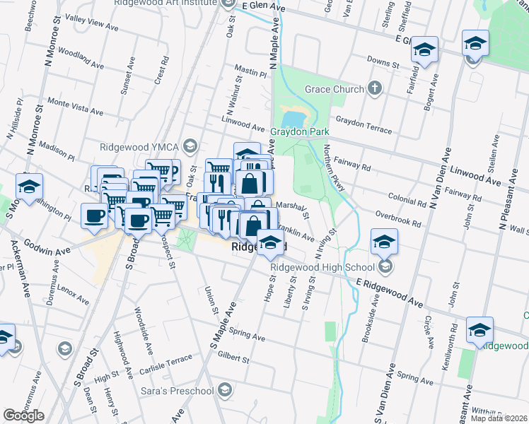 map of restaurants, bars, coffee shops, grocery stores, and more near 263 Franklin Avenue in Ridgewood