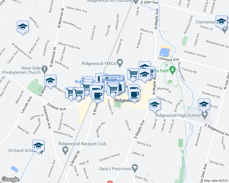 map of restaurants, bars, coffee shops, grocery stores, and more near 16 Oak Street in Ridgewood