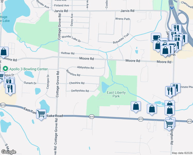 map of restaurants, bars, coffee shops, grocery stores, and more near 490 Bonshire Road in Akron