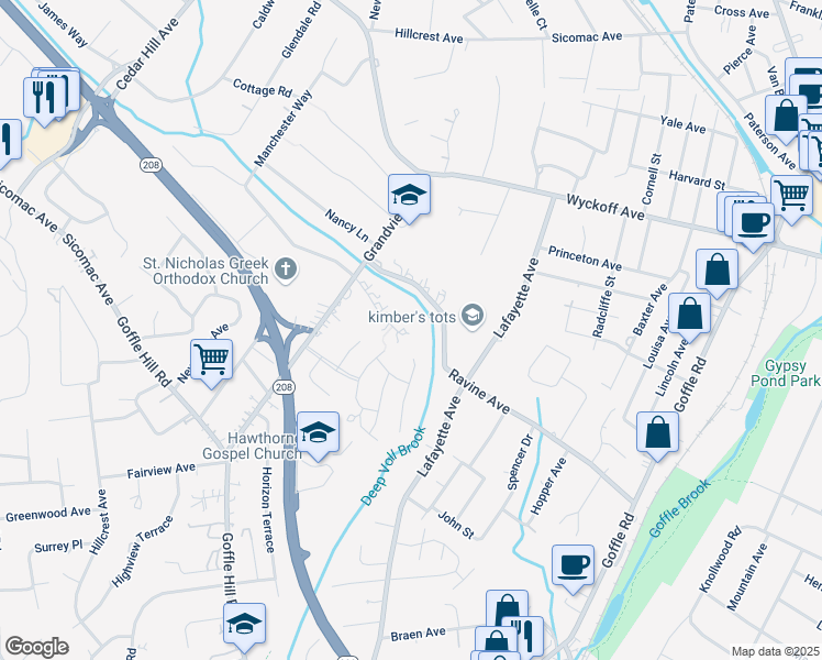 map of restaurants, bars, coffee shops, grocery stores, and more near 222 Deep Brook Road in Wyckoff