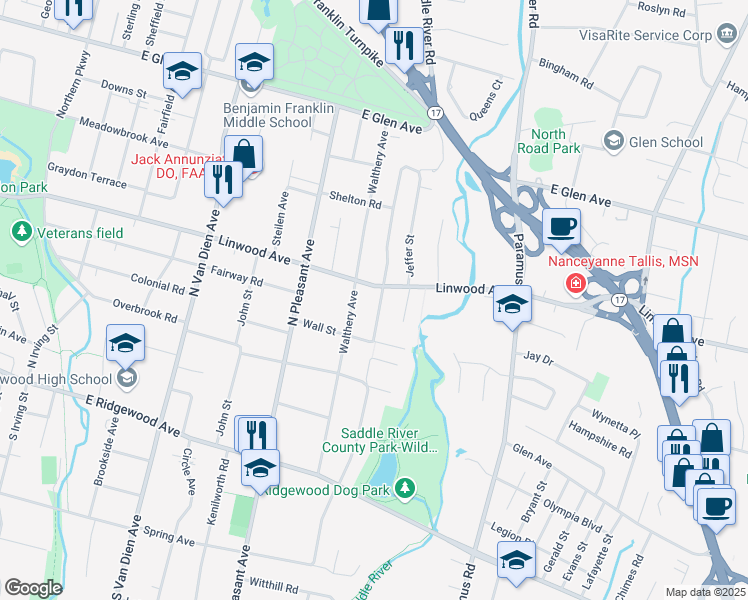 map of restaurants, bars, coffee shops, grocery stores, and more near 168 Pershing Avenue in Ridgewood