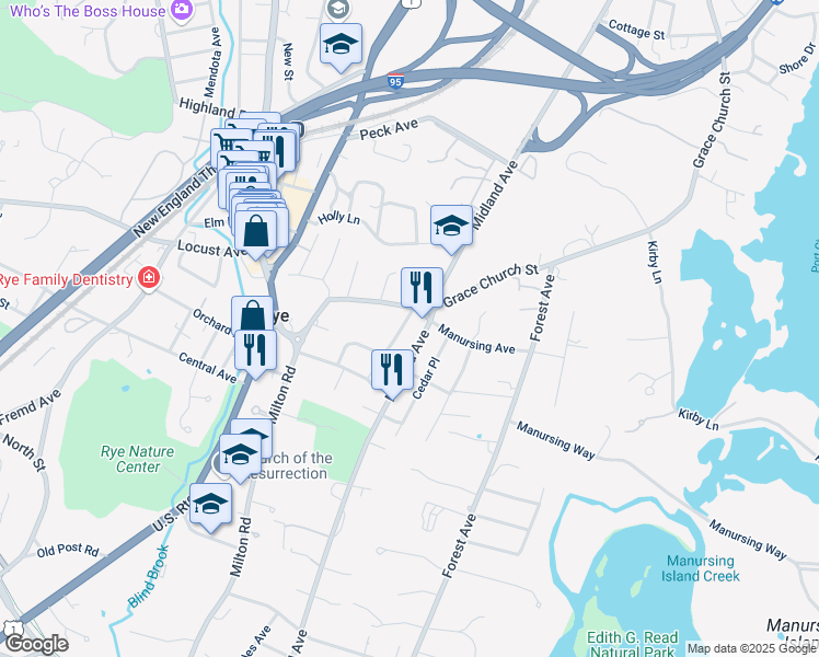 map of restaurants, bars, coffee shops, grocery stores, and more near 401 Midland Avenue in Rye