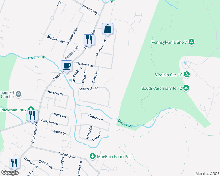 map of restaurants, bars, coffee shops, grocery stores, and more near 126 Millbrook Circle in Norwood