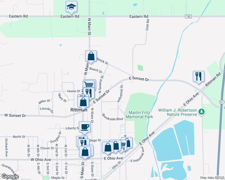 map of restaurants, bars, coffee shops, grocery stores, and more near 140 East Sunset Drive in Rittman