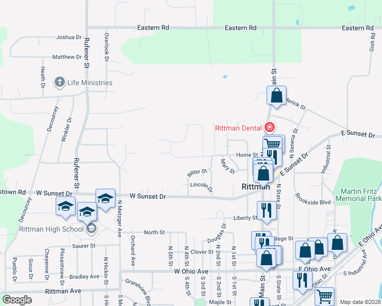 map of restaurants, bars, coffee shops, grocery stores, and more near 182 Home Street in Rittman