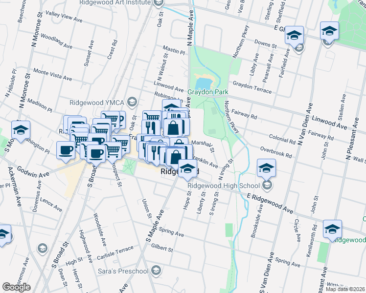map of restaurants, bars, coffee shops, grocery stores, and more near 232 Franklin Avenue in Ridgewood