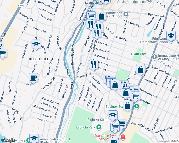 map of restaurants, bars, coffee shops, grocery stores, and more near 2 Harney Road in Scarsdale