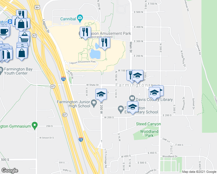 map of restaurants, bars, coffee shops, grocery stores, and more near 157 West State Street in Farmington