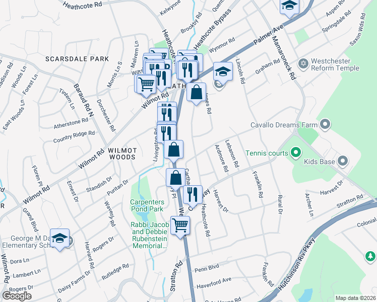 map of restaurants, bars, coffee shops, grocery stores, and more near 328 Heathcote Road in Scarsdale