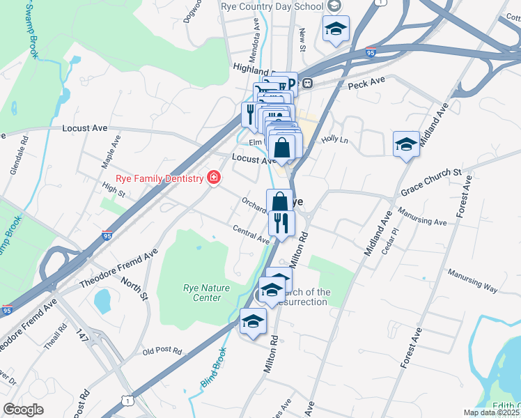 map of restaurants, bars, coffee shops, grocery stores, and more near 4 Walnut Street in Rye