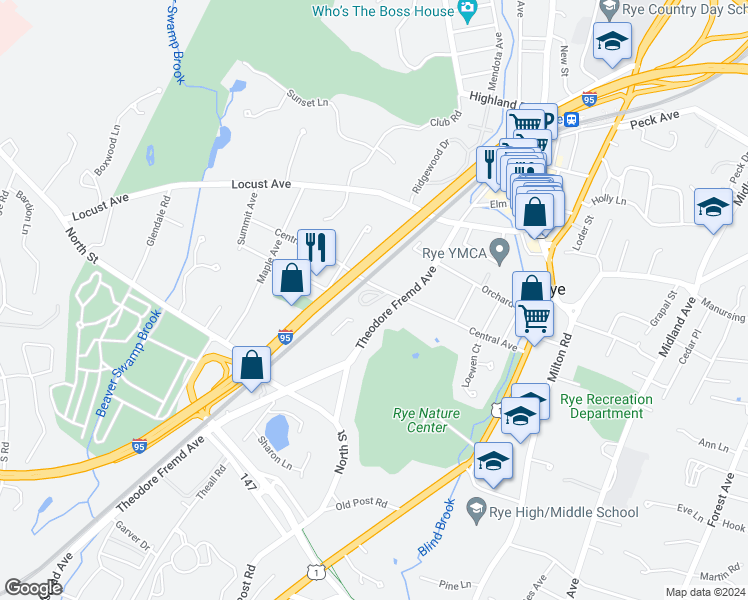 map of restaurants, bars, coffee shops, grocery stores, and more near 125 Central Avenue in Rye